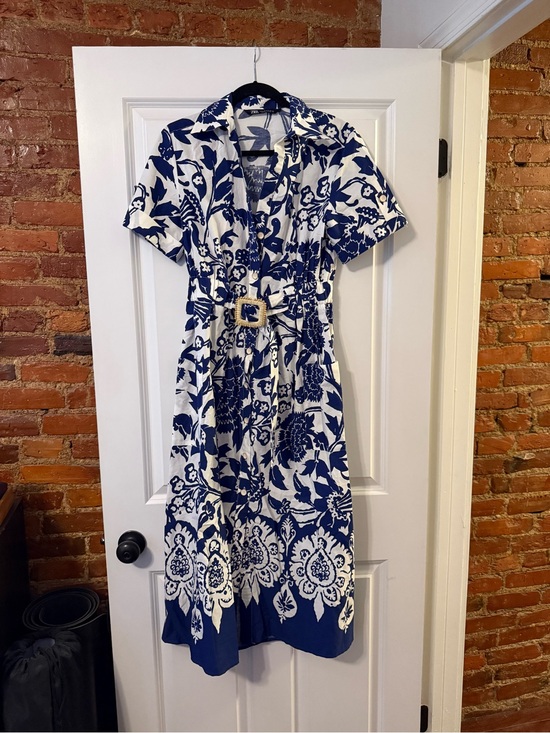 Zara Dresses & Skirts - Zara Navy and White Floral Shirt Dress with Buckle